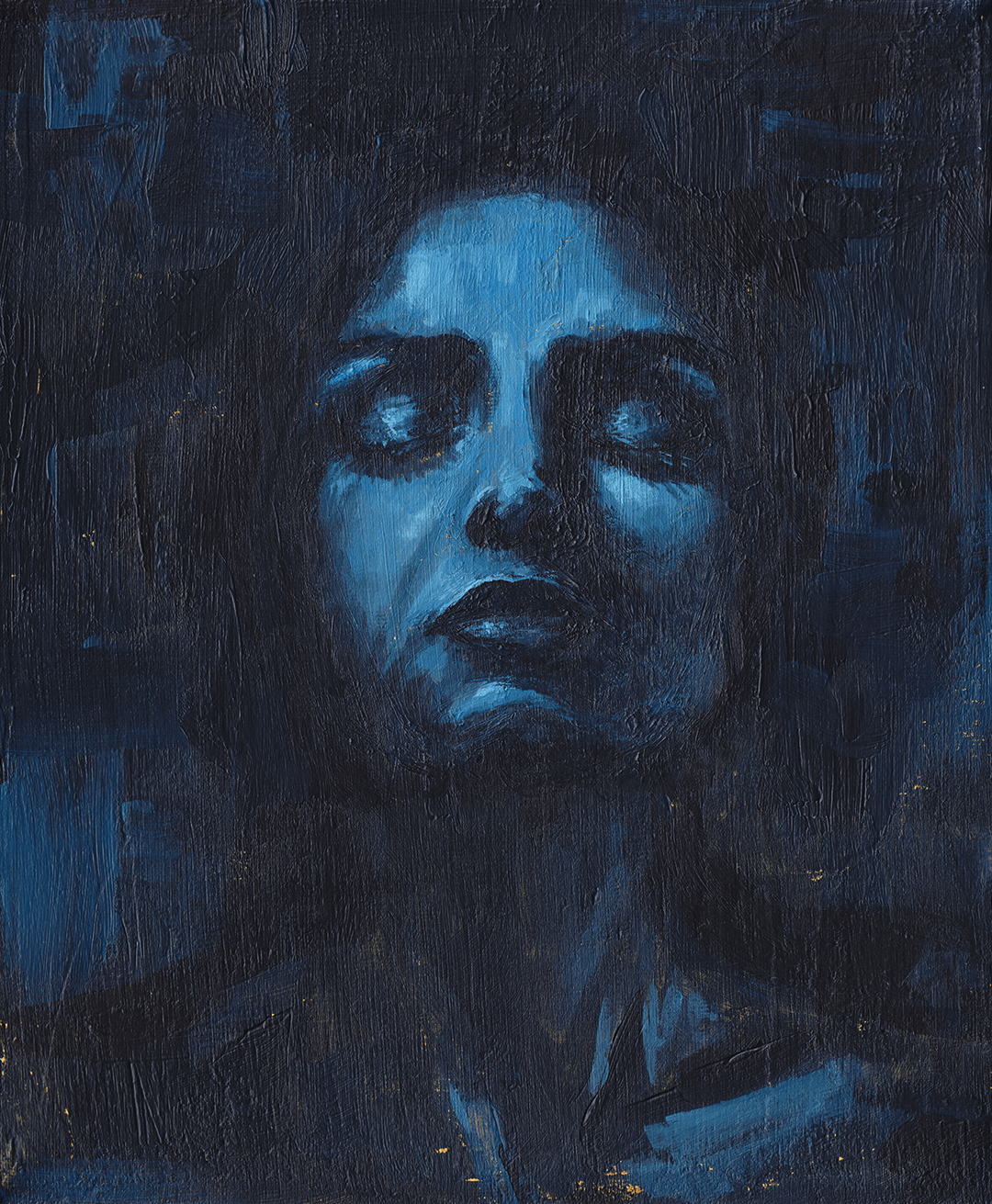 Blue Portrait of a woman's face in shadow. Painted in Acrylics